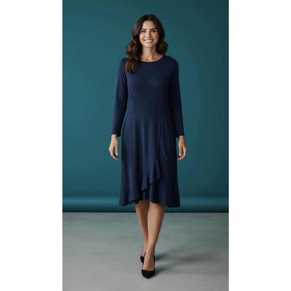 J Jill Ponte Womens Dress Wrap Shirt Ruffle Stretch Size M Petite Classic Navy